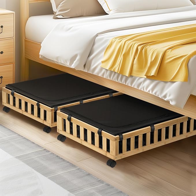 2 Pack Bamboo Under Bed Storage with Wheels, 39”x20”x7.8” Lager Under Bed Storage Containers (Natural)-HomvellaHome