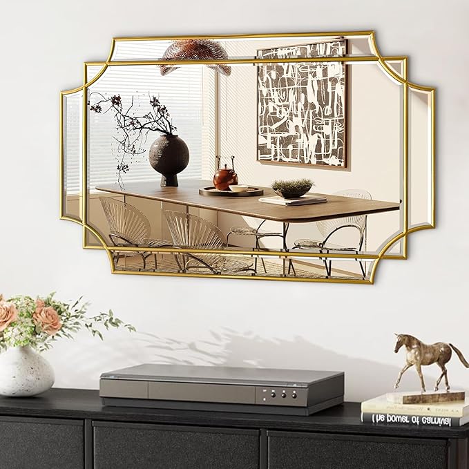 Gold Mirror for Wall, 36x24 Gold Wood Framed, Scalloped Beveled Polished Rectangle Mirror, Large Decorative Mirrors for Wall Decor, Irregular Mirror for Living Room, Bathroom Vanity, Entryway-HomvellaHome