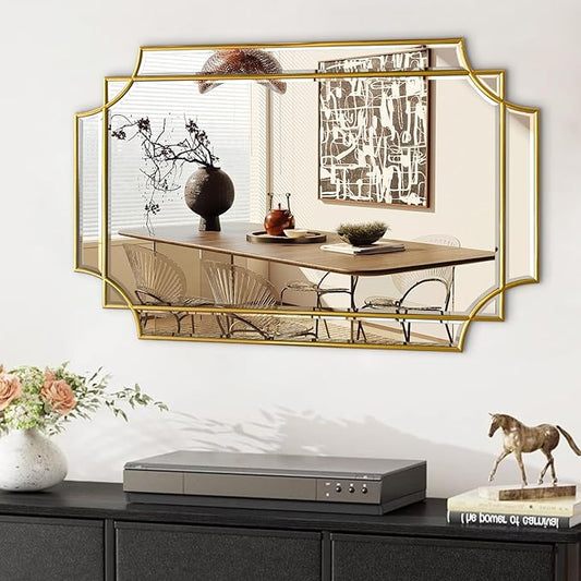 Gold Mirror for Wall, 36x24 Gold Wood Framed, Scalloped Beveled Polished Rectangle Mirror, Large Decorative Mirrors for Wall Decor, Irregular Mirror for Living Room, Bathroom Vanity, Entryway-HomvellaHome