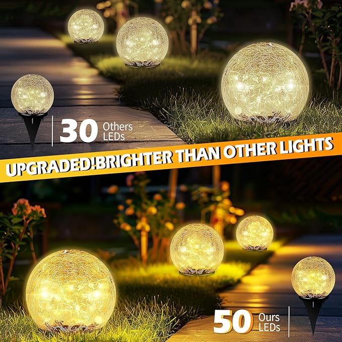 Garden Solar Ball Lights Outdoor Waterproof, 50 LED Cracked Glass Globe Solar Power Ground Lights for Path Yard Patio Lawn, Christmas Decoration Landscape Warm White(2 Pack 4.7'')-HomvellaHome