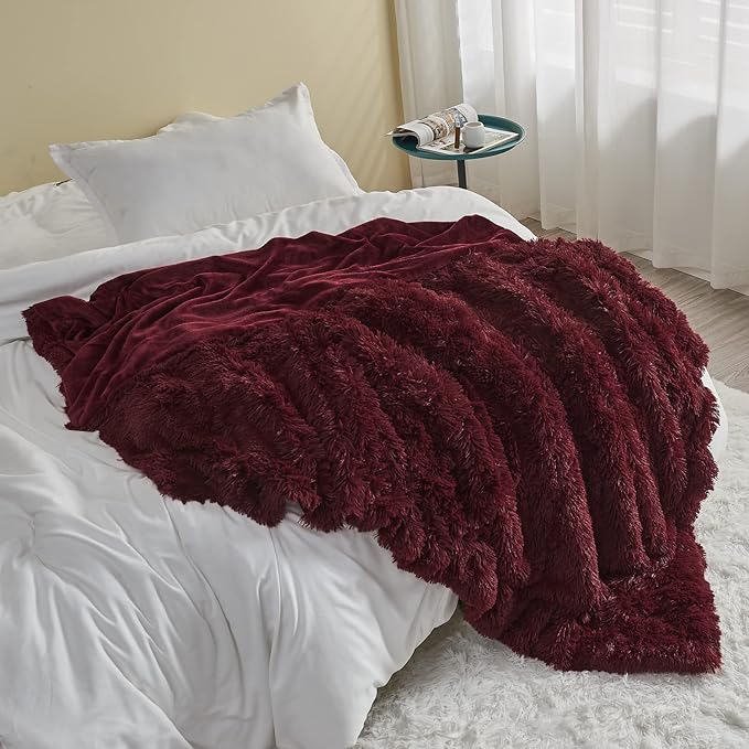GONAAP Fuzzy Faux Fur Throw Blanket Queen Size Wine Red Super Soft Cozy Plush Fuzzy Shaggy Blanket for Couch Sofa Bed (Wine Red, Queen(90"x90"))-HomvellaHome