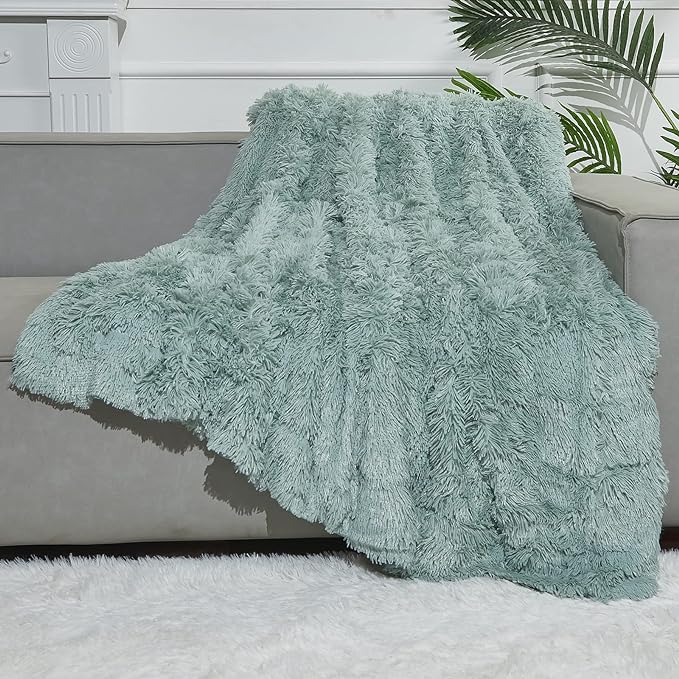 GONAAP Fuzzy Faux Fur Throw Blanket Ice Blue Super Soft Cozy Plush Fuzzy Shaggy Blanket for Couch Sofa Bed (Ice Blue, Throw(50"x60"))-HomvellaHome