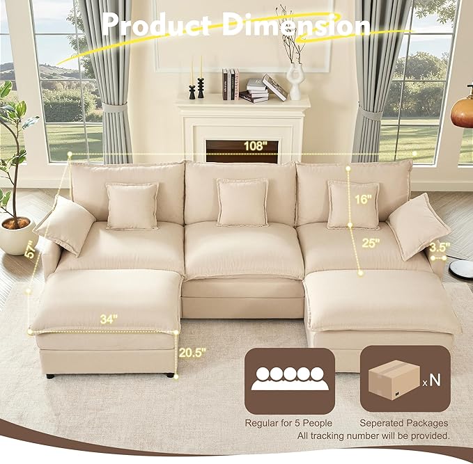 108" U Shaped Couch, Modular Sectional Sofa, 3-Seater Comfy Cloud Couch with Movable Ottoman, Deep Seat Couches for Living Room, Linen, Beige-HomvellaHome