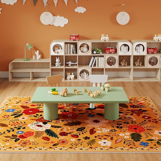 Living Room Rug 5x7 Rug Machine Washable Boho Area Rug Non Slip Floral Vintage Low Pile Large Rugs for Living Room, Bedroom, Farmhouse, Dining Room, Kids Playroom(Yellow)-HomvellaHome