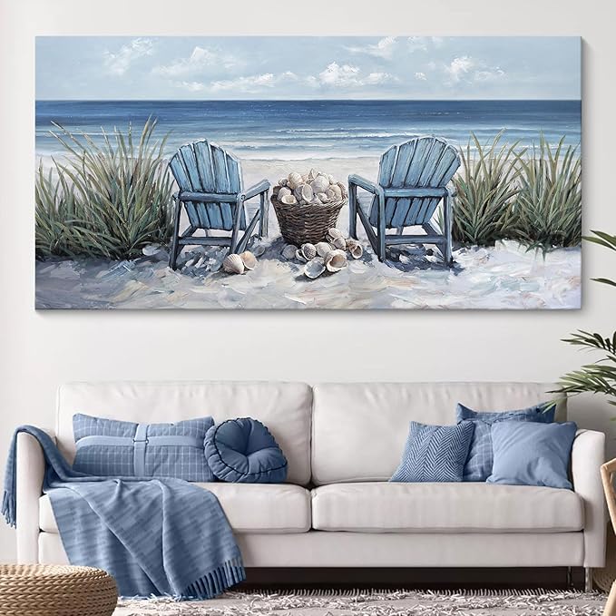 HGUAOA Coastal Wall Art - Large Landscape Wall Pictures for Living Room, Bedroom Pictures, Ocean Beach Artwork, Blue Wall Art, Above Bed Decor, Coastal Landscape Wall Art, Beach Pinting-HomvellaHome