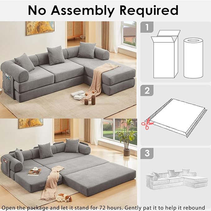 107" Oversized Convertible Sleeper Sofa Bed, Corduroy L Shape Sectional Couch, Folding Sofa Bed with Side Pocket, Modern Cloud Floor Mattress Couch, Modular Sofa for Living Room, Grey-HomvellaHome