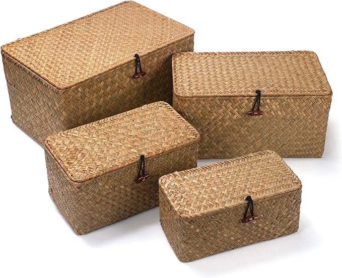 Wicker Basket with Lid, Seagrass Storage Basket, Woven Baskets for Storage, Decorative Storage Baskets for Shelf Organizing, Natural-HomvellaHome