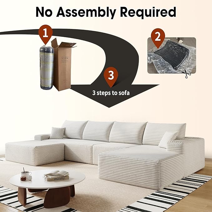 136" Sectional Couches for Living Room Modern Modular Sofa with L-Shape Couchs Upholstered Boneless Couch Deep Seat Sectional Couch with Chaise (White, Right Facing Chaise+3Seaters+Ottoman)-HomvellaHome