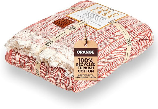Gold Case Throw Blanket for Couch – 100% Recycled Turkish Cotton Blankets & Throws – Elegant Decorative Throw Blankets for Living Room Sofa – Woven Throws for Couch – Vintage Orange – 50x60-HomvellaHome