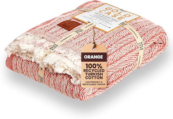 Gold Case Throw Blanket for Couch – 100% Recycled Turkish Cotton Blankets & Throws – Elegant Decorative Throw Blankets for Living Room Sofa – Woven Throws for Couch – Vintage Orange – 60x80-HomvellaHome