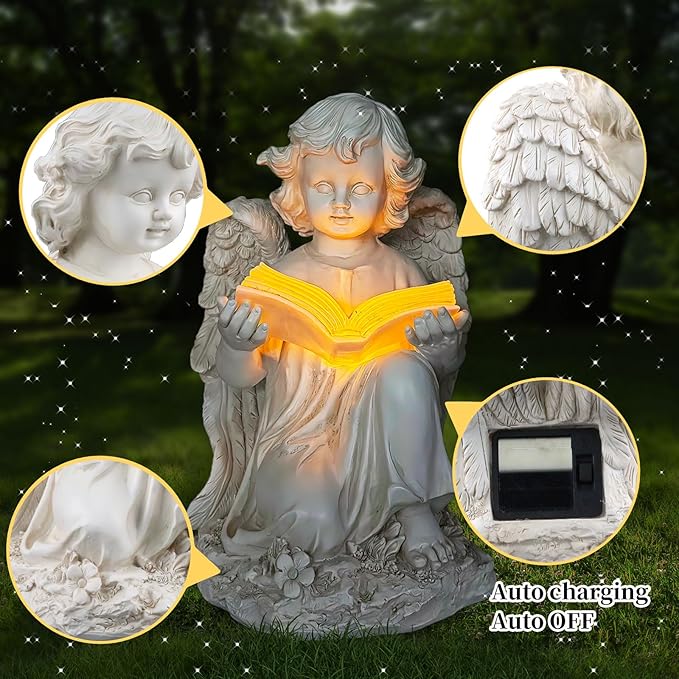 Garden Angel Statues for Outside, Solar Angel for Garden with Bible & Cemetery Decorations for Grave, Angel Figurines for Yard Patio Decor & Lawn Ornaments, Gifts for Mom Grandma Women-HomvellaHome