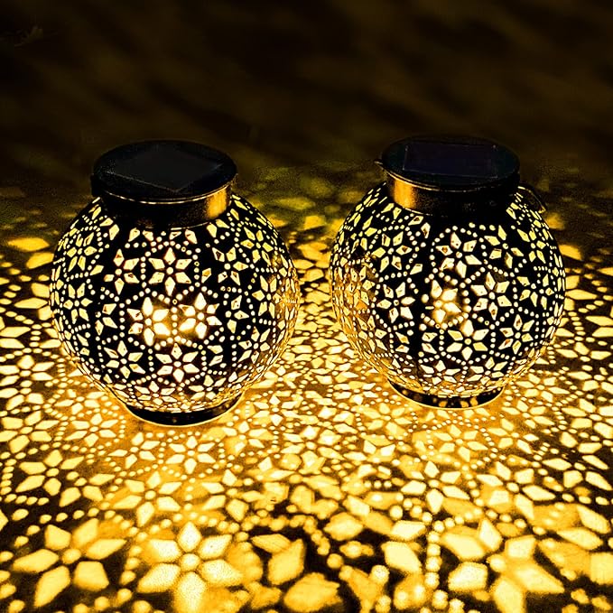 2 Pack Outdoor Solar Lantern Lights, Waterproof Tabletop LED Moroccan Lanterns, Hanging Metal Decorative Garden Lights for Patio, Lawn, Porch, Backyard-HomvellaHome