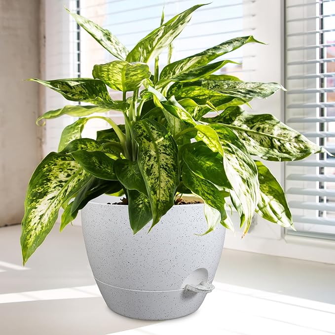 12/10/9 inch Large Self Watering Pots, Plant Pots with Mesh Drainage Holes for Indoor Outdoor Garden Plants, Flower Pots with Deep Reservoir, Set of 3 Plastic Planters, Specked White-HomvellaHome