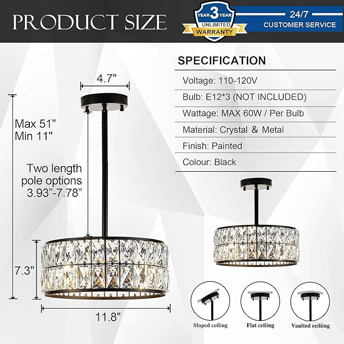 12” 3-Light Modern Crystal Chandeliers Black Dinning Room Light Fixture with Two Poles, Round Pendant Light Kitchen Island Chandelier, Flush Mount Ceiling Light for Living Room Entryway-HomvellaHome