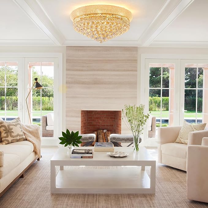 12-Light Crystal Flush Mount Chandelier Ceiling Light Fixture for Living Room Dining Room Bedroom Foyer Entryway Hallway Closet Bathroom (Gold D24)-HomvellaHome