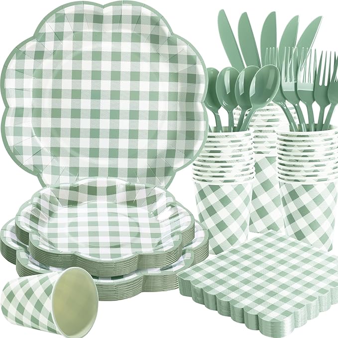 175 Pcs Sage Green Gingham Paper Plates and Napkins Party Supplies - Sage Green and White Checkered Plates Scalloped Plaid Plate for Birthday Dinner Picnic BBQ Party Decorations, Serve 25 Guests-HomvellaHome