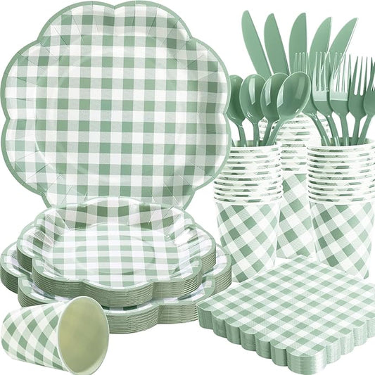 175 Pcs Sage Green Gingham Paper Plates and Napkins Party Supplies - Sage Green and White Checkered Plates Scalloped Plaid Plate for Birthday Dinner Picnic BBQ Party Decorations, Serve 25 Guests-HomvellaHome