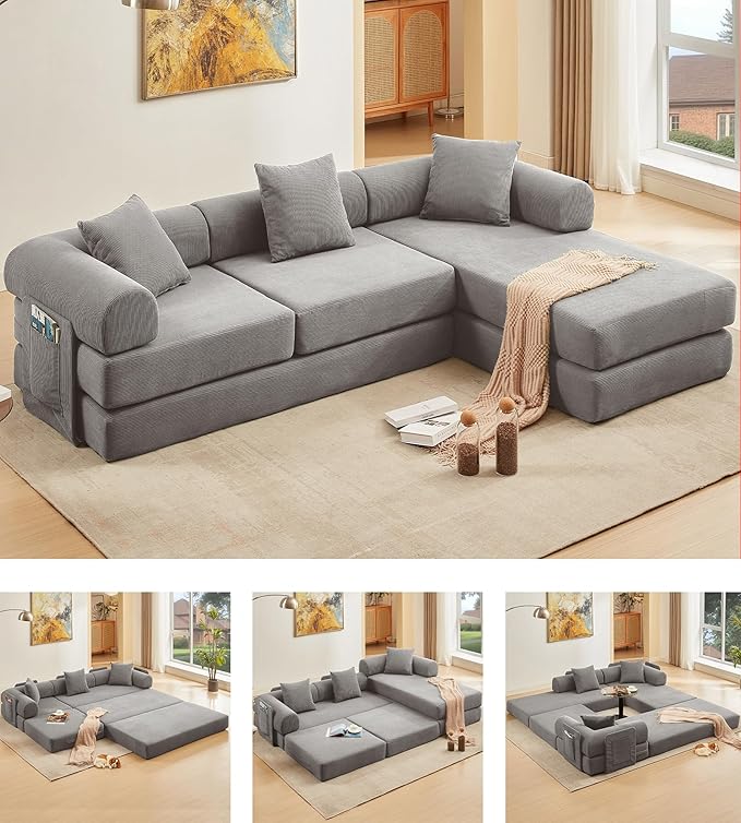 107" Oversized Convertible Sleeper Sofa Bed, Corduroy L Shape Sectional Couch, Folding Sofa Bed with Side Pocket, Modern Cloud Floor Mattress Couch, Modular Sofa for Living Room, Grey-HomvellaHome