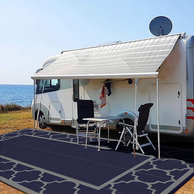 GENIMO 10 'x20 ' Outdoor Rug for Patio Clearance, Waterproof Indoor Outdoor Plastic Straw Rugs Carpet, Reversible Outside Area Rv Mat for Camping, Balcony Porch, Deck, Picnic, Beach (Blue & Grey)-HomvellaHome