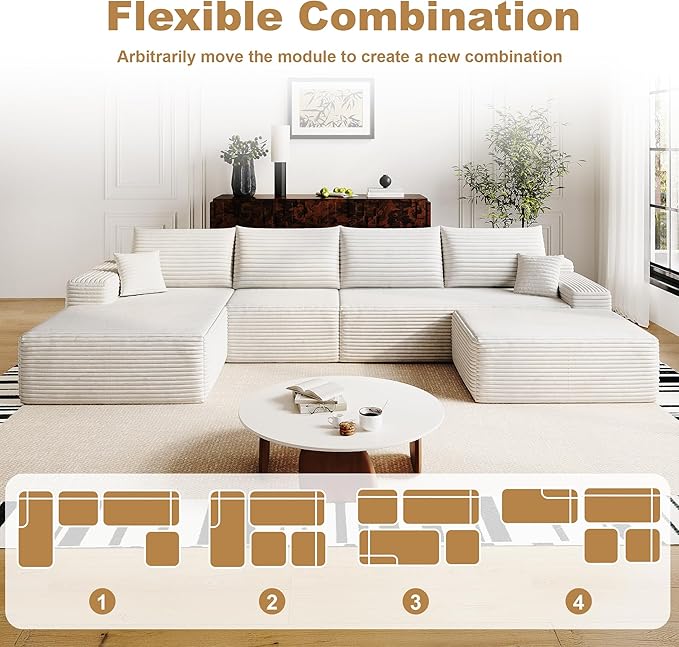 136" Sectional Couches for Living Room Modern Modular Sofa with L-Shape Couchs Upholstered Boneless Couch Deep Seat Sectional Couch with Chaise (White, Left Facing Chaise+3Seaters+Ottoman)-HomvellaHome