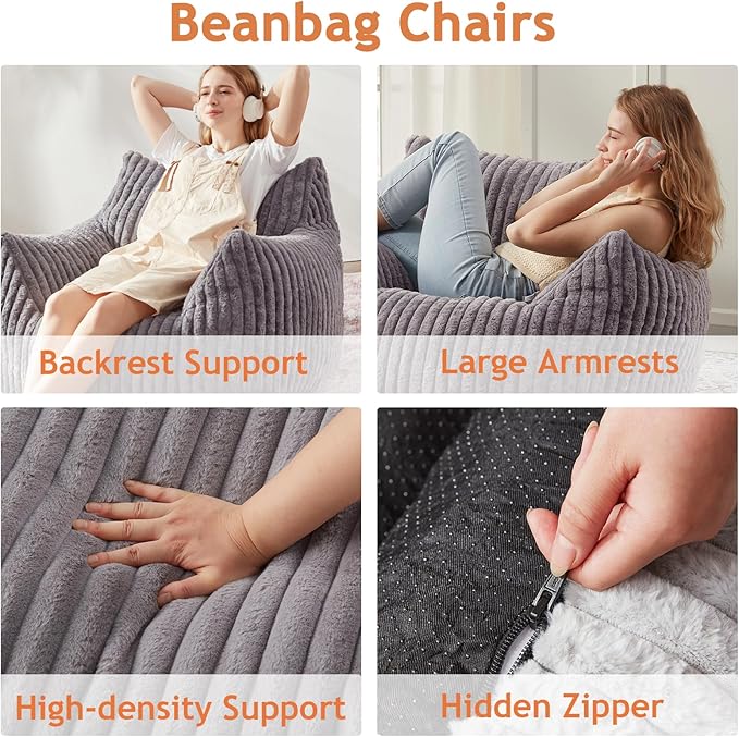 Giant Bean Bag Chairs for Adults with Filling Plush Fluffy Bean Bag Chairs for Teens with Armrests Comfy BeanBag Lazy Couch Sofa Chair for Bedroom Living Room Reading (Dark Gray2, M-for Teens/Adults)-HomvellaHome