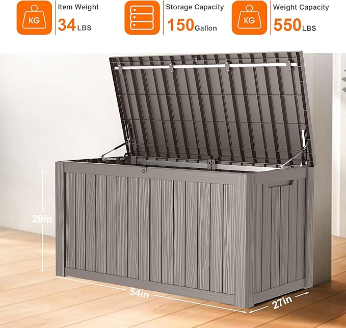 150 Gallon Resin Deck Box, Lockable Patio Outdoor Storage Box for Furniture, Garden Tools and Tools Storage, Waterproof Outside Storage Boxes - Grey-HomvellaHome