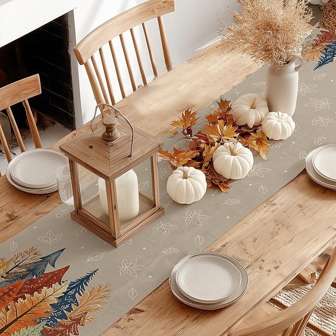 GEEORY Fall Watercolor Trees & Maple Leaves Table Runner 13x72 Inch, Rustic Farmhouse Autumn Thanksgiving Decor for Kitchen, Dining, Indoor/Outdoor Holiday Dinner Party Orange Grey GT159-72-HomvellaHome