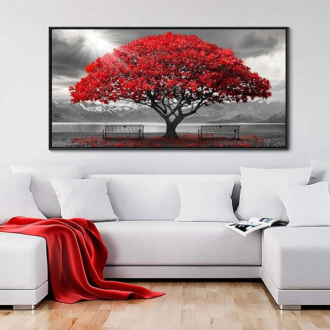 AJAZIKO Red Wall Art - Modern Framed Wall Art for Living Room - Red Tree Black and White Landscape Canvas Prints Posters & Prints for Home Office Bedroom Decorations - Large Wall Pictures 29×58IN-HomvellaHome