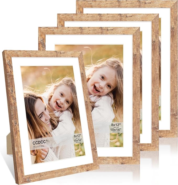 10x14 Picture Frame Set of 4, 10 x 14 Wood Photo Frames with Mat for 8x12 or 30x40cm Diamond Painting Art, Wooden Frame with Real Glass Cover for Wall and Tabletop Display,Brown-HomvellaHome