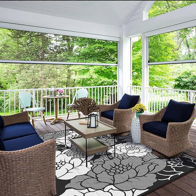 GENIMO Outdoor Rug Waterproof for Patio Decor, 8' x 10' Reversible Plastic Straw Floral Camping Carpet, Large Area Rugs Mats for RV, Camper, Deck, Balcony, Porch, Beach, Picnic, Mix-Black & White-HomvellaHome