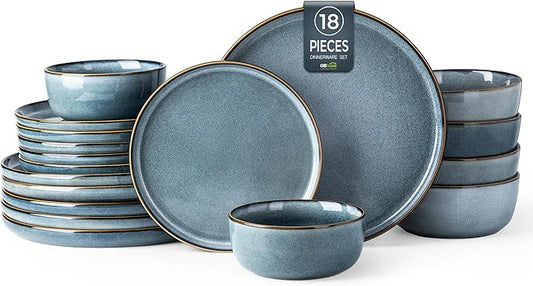GBHOME Ceramic Dinnerware Sets for 6, 18 Pieces Stoneware Plates and Bowls Sets, Scratch Resistant Dishes, Dishwasher & Microwave Safe, Space Blue-HomvellaHome