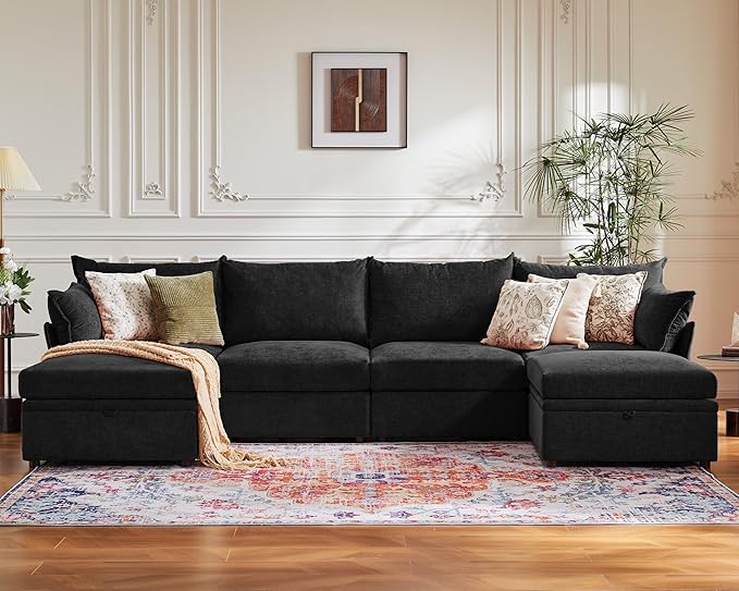 134.6" Oversized Modular Sectional Sofa, 6 Seater U Shaped Couch with Storage Ottoman with Reversible Chaise Deep Seat for Living Room, Apartment - Chenille Black-HomvellaHome