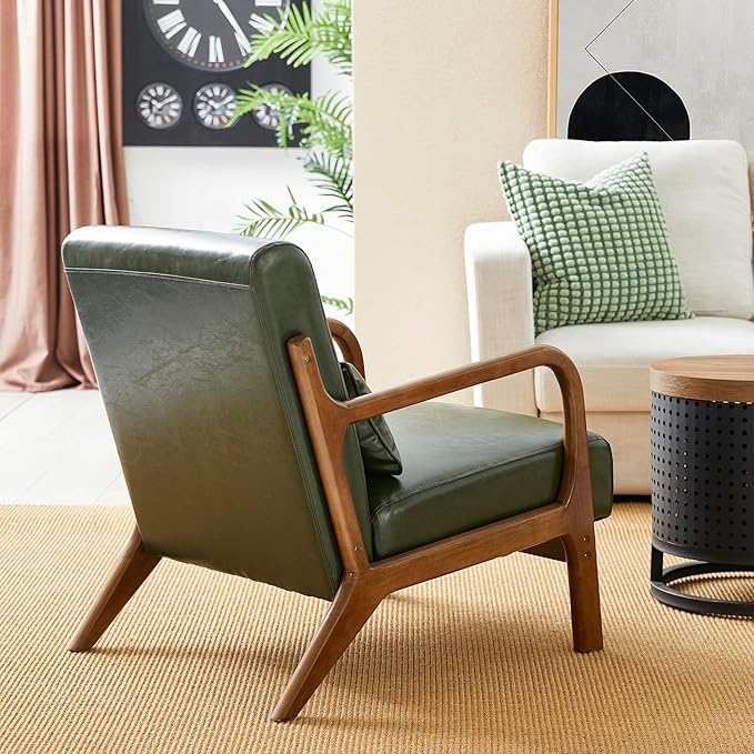 Glitzhome Mid Century Hunter Green Accent Armchair, Single Reading Armchair PU Leather Lounge Chair with Walnut Ruberwood Frame-HomvellaHome