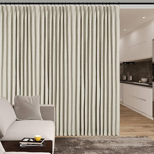 120" Wx108 L Linen Room Divider Drapes for Doorway/Glass Window/Sliding Door/Patio, Extra Wide Pinch Pleated Full Blackout Curtains for Girls Boys Teen Kids Room, 1 Panel, Ivory White-HomvellaHome