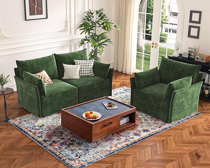 136.4" Oversized Modular Sectional Sofa, U Shaped Convertible Couch with Movable Ottoman, Large 7 Seat Corner Couches for Living Room Deep Seat Green Chenille-HomvellaHome