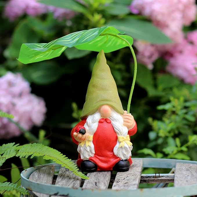 Garden Female Gnome Statue Decoration with Leaf Umbrella, 7.5” Figurine Ornament for Indoor Outdoor Home Patio Yard Lawn, for Gnome Lovers & Garden Enthusiasts，Mom，Women-HomvellaHome