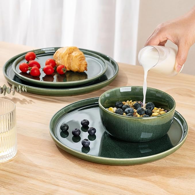 GBHOME Ceramic Dinnerware Sets for 8, 24 Pieces Stoneware Plates and Bowls Sets, Reactive Glaze Dishes -Scratch Resistant, Dishwasher&Microwave Safe, Earth Green-HomvellaHome