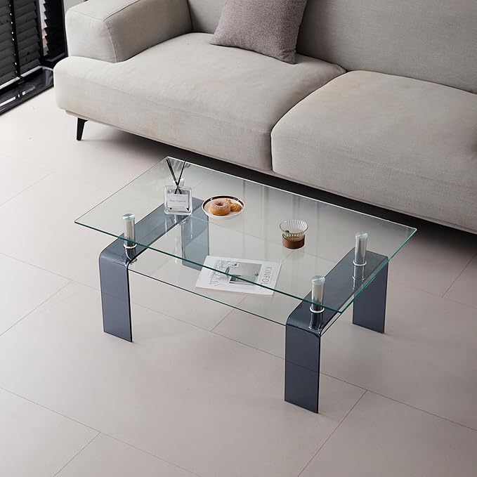 Glass Coffee Table Rectangle Living Room Center Table with Storage, Clear Tempered Glass Tabletop and Smoke Grey Leg,for Living Room and Office (Clear+Smoke)-HomvellaHome
