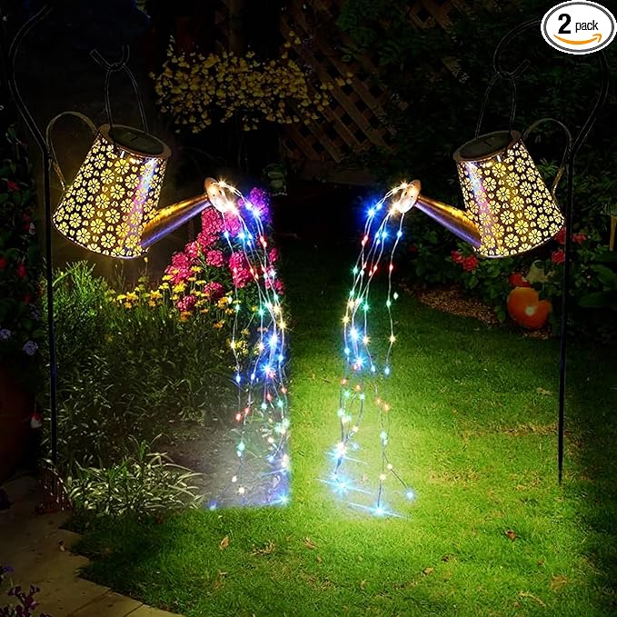2 Pack Solar Watering Can Lights with Shepherd Hook, 8 Multi-Color Changing Modes, IP65 Waterproof, 60pcs String Lights for Outdoor Garden Pathway Lawn Patio Deck Walkway Courtyard-HomvellaHome