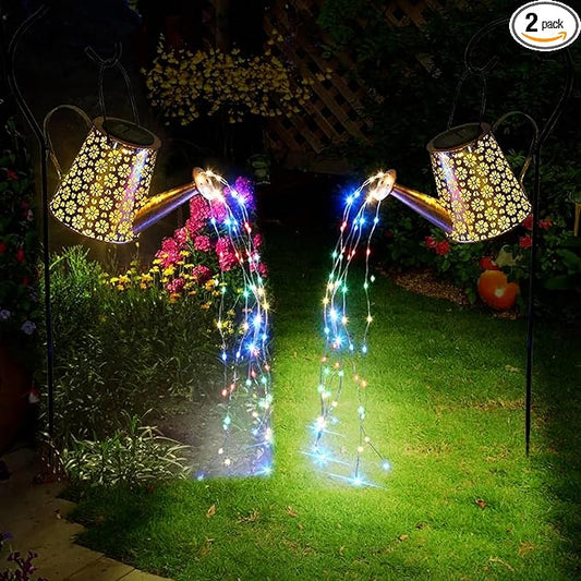 2 Pack Solar Watering Can Lights with Shepherd Hook, 8 Multi-Color Changing Modes, IP65 Waterproof, 60pcs String Lights for Outdoor Garden Pathway Lawn Patio Deck Walkway Courtyard-HomvellaHome