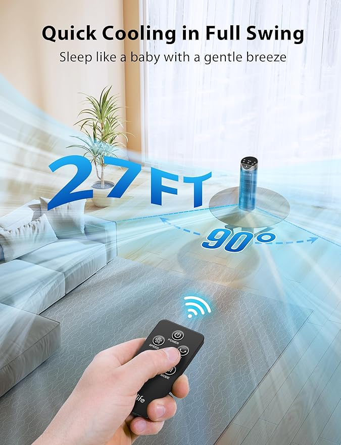 Grelife Tower Fan with Remote Control, Fast Cooling Desktop Fan, 90° Oscillation, 3 Speeds, 3 Wind Modes, Touch Screen, Auto Timer, Ideal for Home, Office Bedroom-HomvellaHome