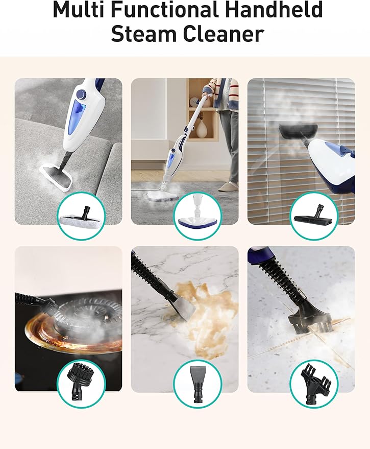 12-in-1 Steam Mop, Fast 15-Sec Heat-Up, 1500W Detachable Handheld Steam Cleaner with 2 Dirt Grip Pads, Removes 99.99% Stubborn Stains for Hardwood Floors, Clothes, Windows, Tiles, Furniture, Blue-HomvellaHome