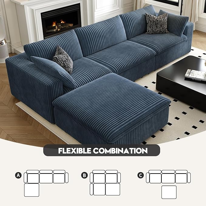 118" Cloud Couch Modular Sectional Sofa for Living Room,Modern Sofa with Deep Seat，L-Shape Boneless Couch with Ottoman,Comfy Upholstered Corduroy Couches for Apartment, Studio, Office,Bedroom，Blue-HomvellaHome