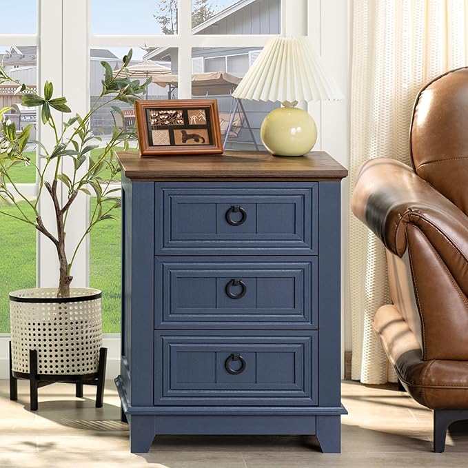 18" Farmhouse Night Stand with 3 Drawers, Wood End Table Dresser for Bedroom, Navy Blue Nightstand, Bed Side Table with Metal Handle, Bedside Cabinet for Bedroom Living Room, Closet-HomvellaHome
