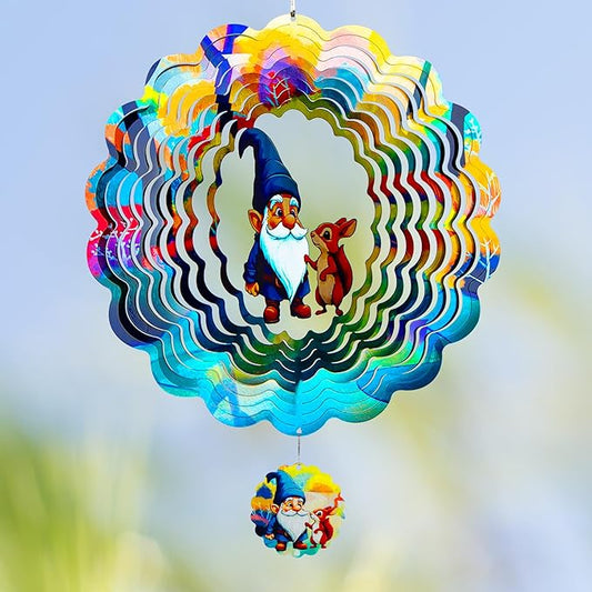 Gnomes Hanging Wind Spinners,12 Inch 3D Garden Spinner Kinetic Art Garden Decorations，Stainless Steel Reflective Wind Spinners for Yard-HomvellaHome