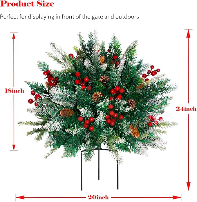 2 Pack Lighted Artificial Christmas Urn Filler, Battery Operated Pre-lit Xmas Pine Trees, Tripod Stake and 60 LED Lights, Holiday Porch Decorations for Porch, Yard, Garden, Flower Beds（Multicolor）-HomvellaHome