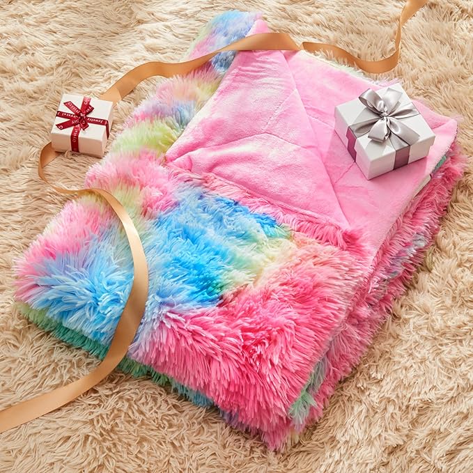 GONAAP Fuzzy Faux Fur Throw Blanket Twin Size Dark Rainbow Super Soft Cozy Plush Fuzzy Shaggy Blanket for Couch Sofa Bed (Dark Rainbow, Twin(60"x80"))-HomvellaHome