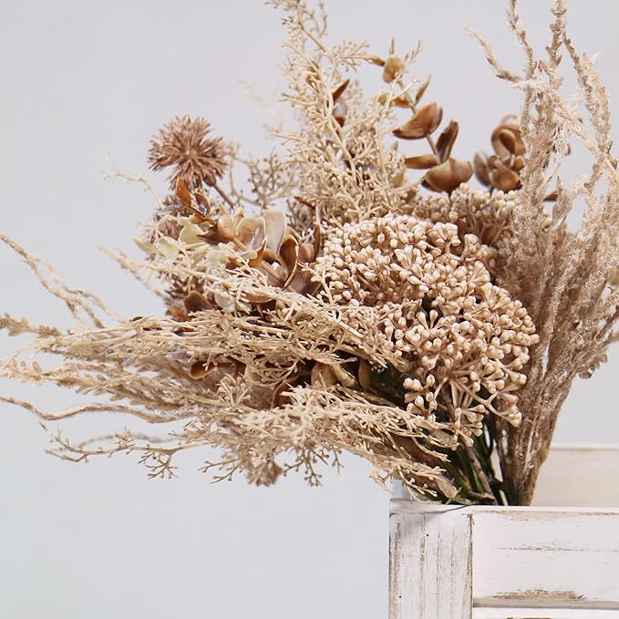 2 Pack Boho Artificial Flowers Plants Bouquet Decoration 13.8inch, Fake Plastic Brown Eucalyptus and Beige Grasses, Faux Floral Arrangement for Wedding Centerpieces Party Home Fall Decor-HomvellaHome