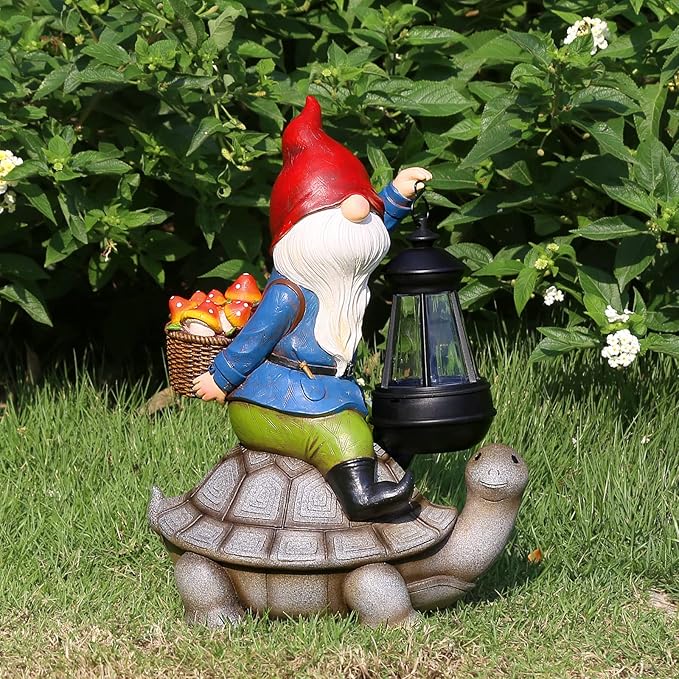 Gnome and Turtle Garden Decor, Large Outdoor Garden Sculptures & Statues, Outside Patio Yard Lawn Decorations, Housewarming for Women, Mom, Grandma with Solar Lantern-HomvellaHome