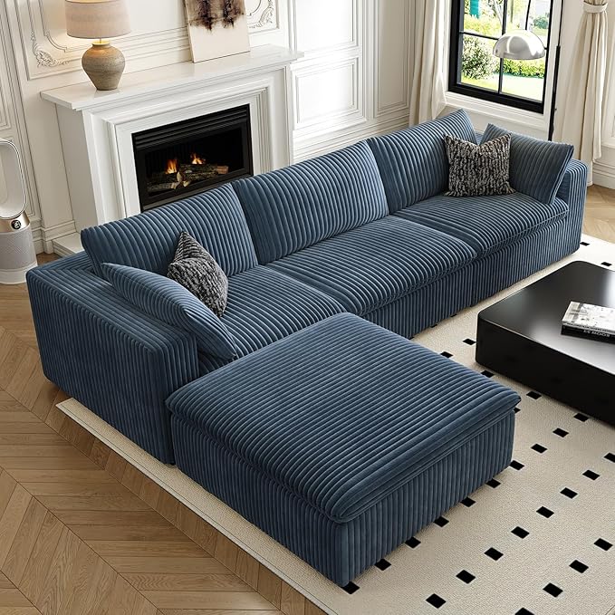 118" Cloud Couch Modular Sectional Sofa for Living Room,Modern Sofa with Deep Seat，L-Shape Boneless Couch with Ottoman,Comfy Upholstered Corduroy Couches for Apartment, Studio, Office,Bedroom，Blue-HomvellaHome